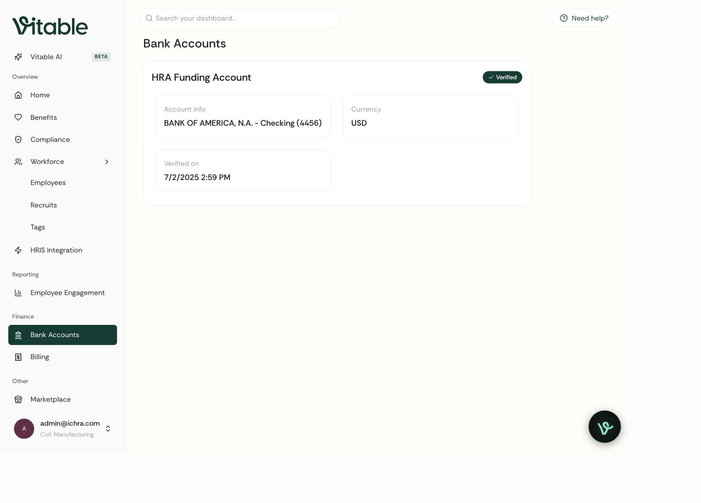 Verified bank accounts for reimbursement funding