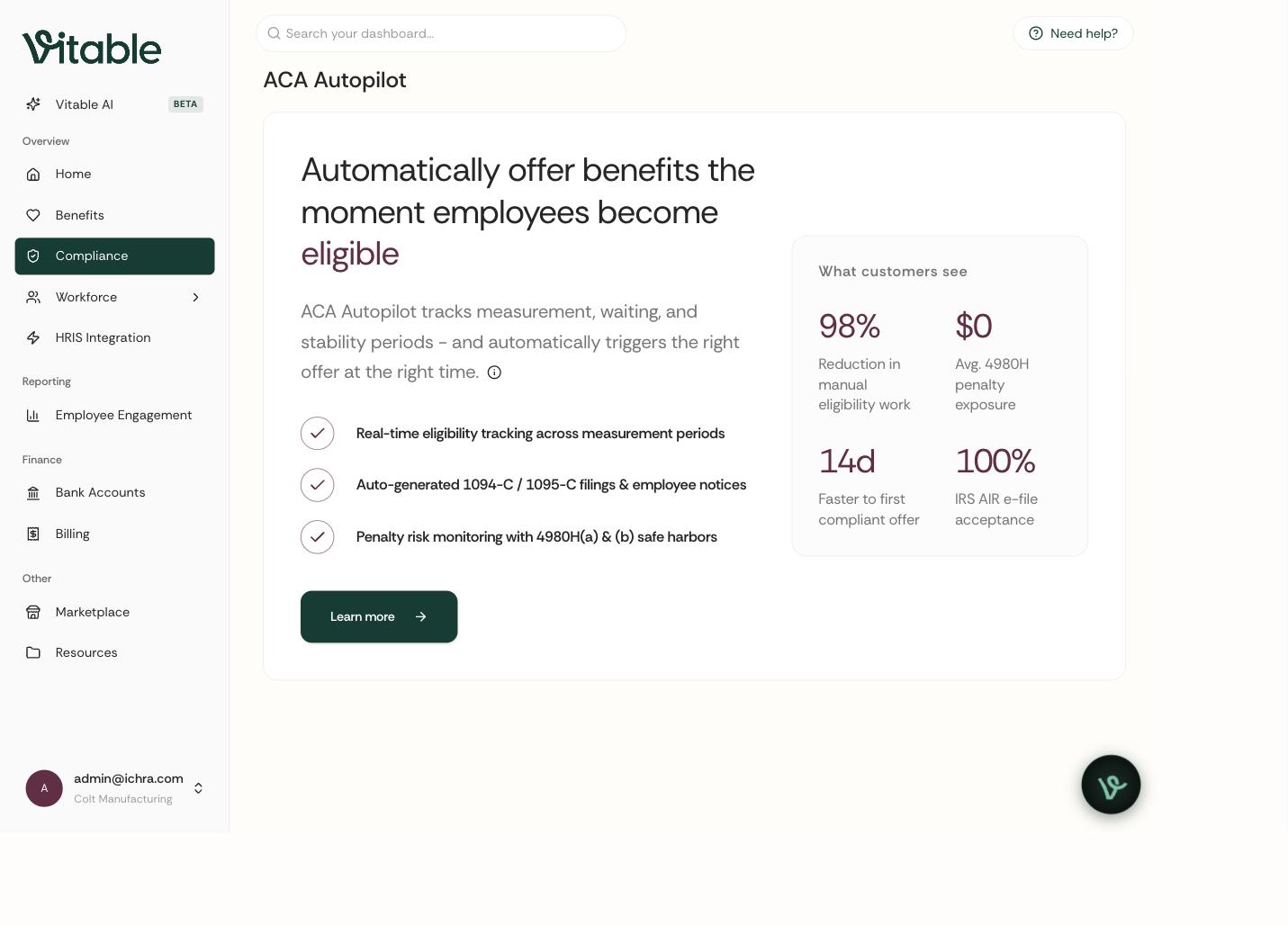 ACA Autopilot compliance page in the Vitable dashboard