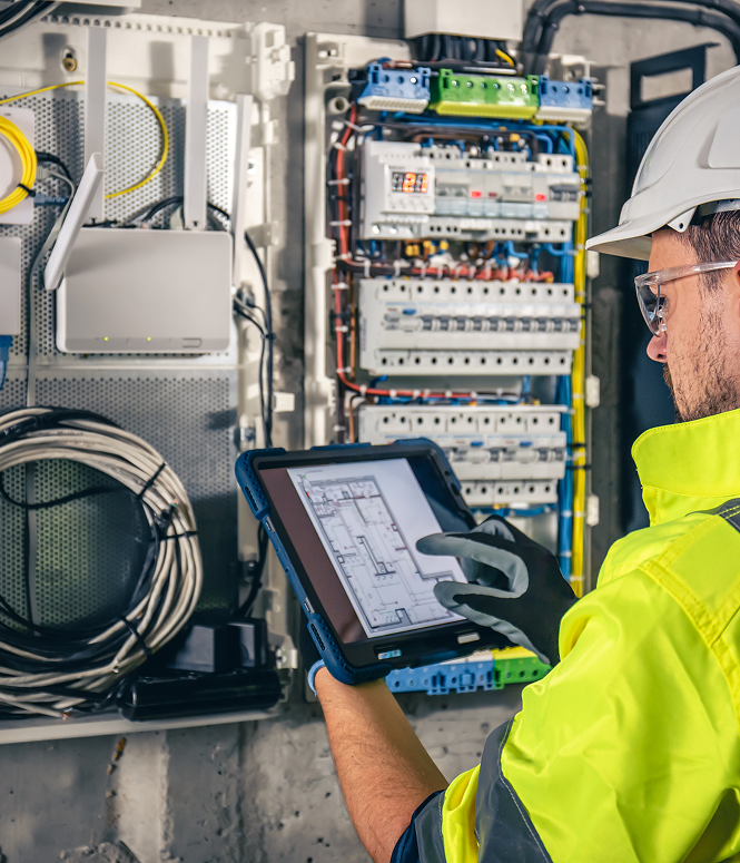 Ein Elektriker mit einem Tablet vor einem Schaltschrank