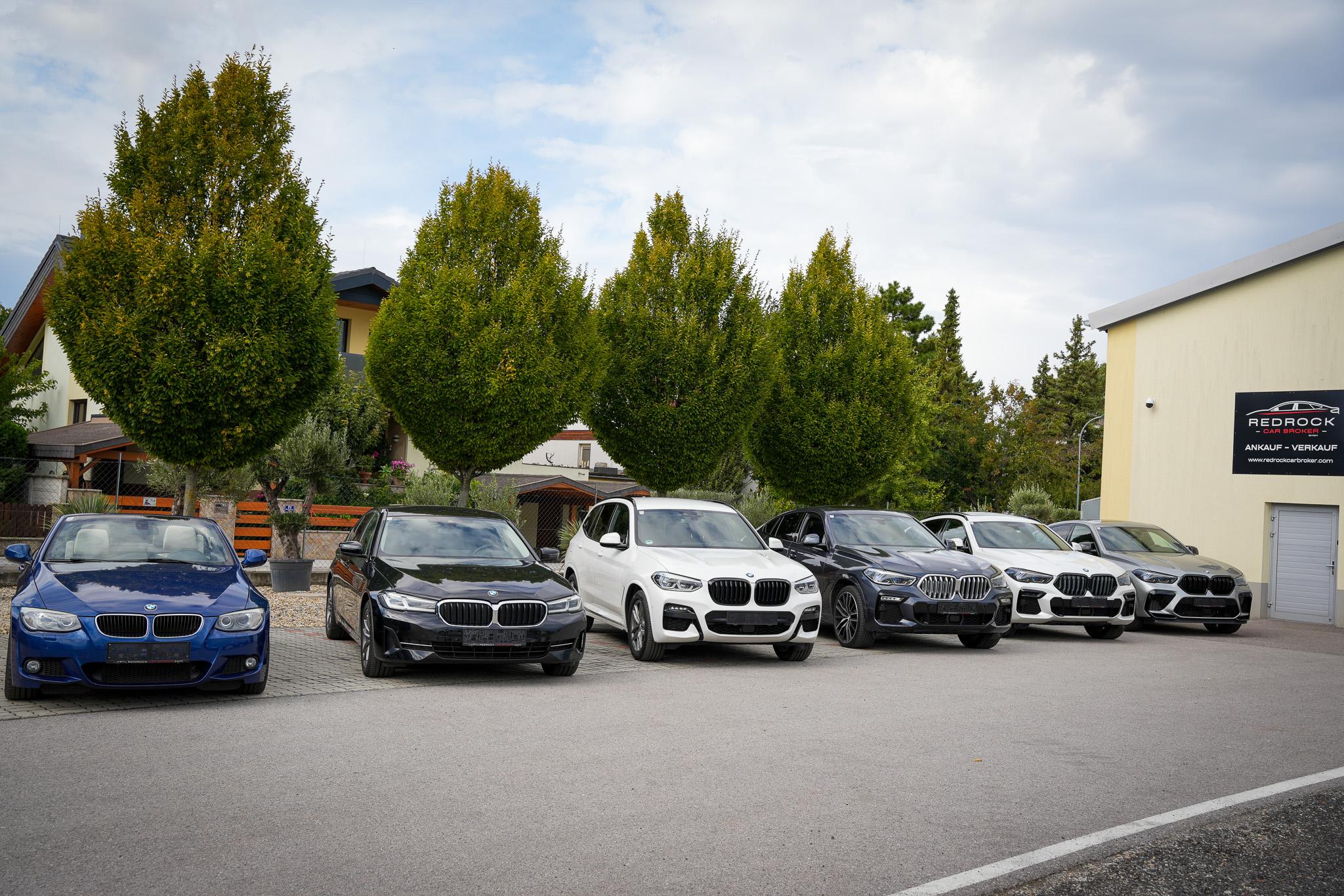 Sechs geparkte BMW Autos nebeneinander vor Bäumen und einem Gebäude mit RedRock Auto Broker Schild.