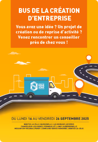 Bus blanc et bleu sur route sinueuse avec texte orange invitant à rencontrer un conseiller pour projet d'entreprise.