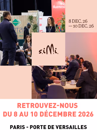 Annonce de l'événement SIMI 2026 du 8 au 10 décembre 2026 à Paris Porte de Versailles, avec des personnes en réunion et échange dans un cadre professionnel.