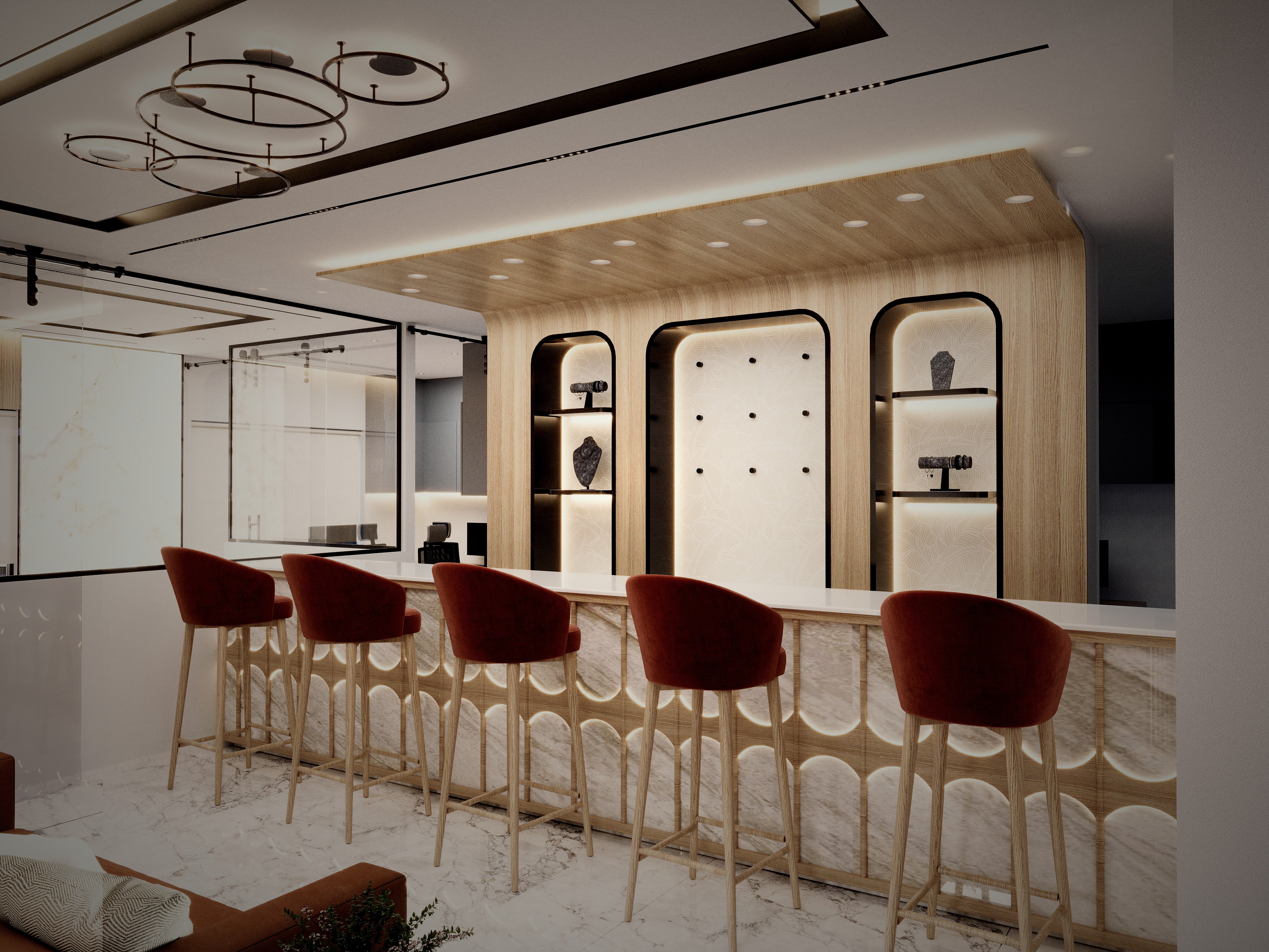 Executive office lounge bar with velvet stools, Deira