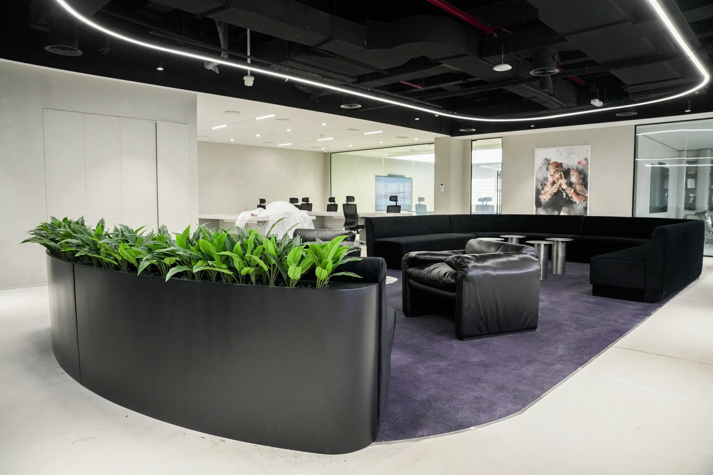 Black lounge with curved planter and sculpted lighting, creative studio, JAFZA
