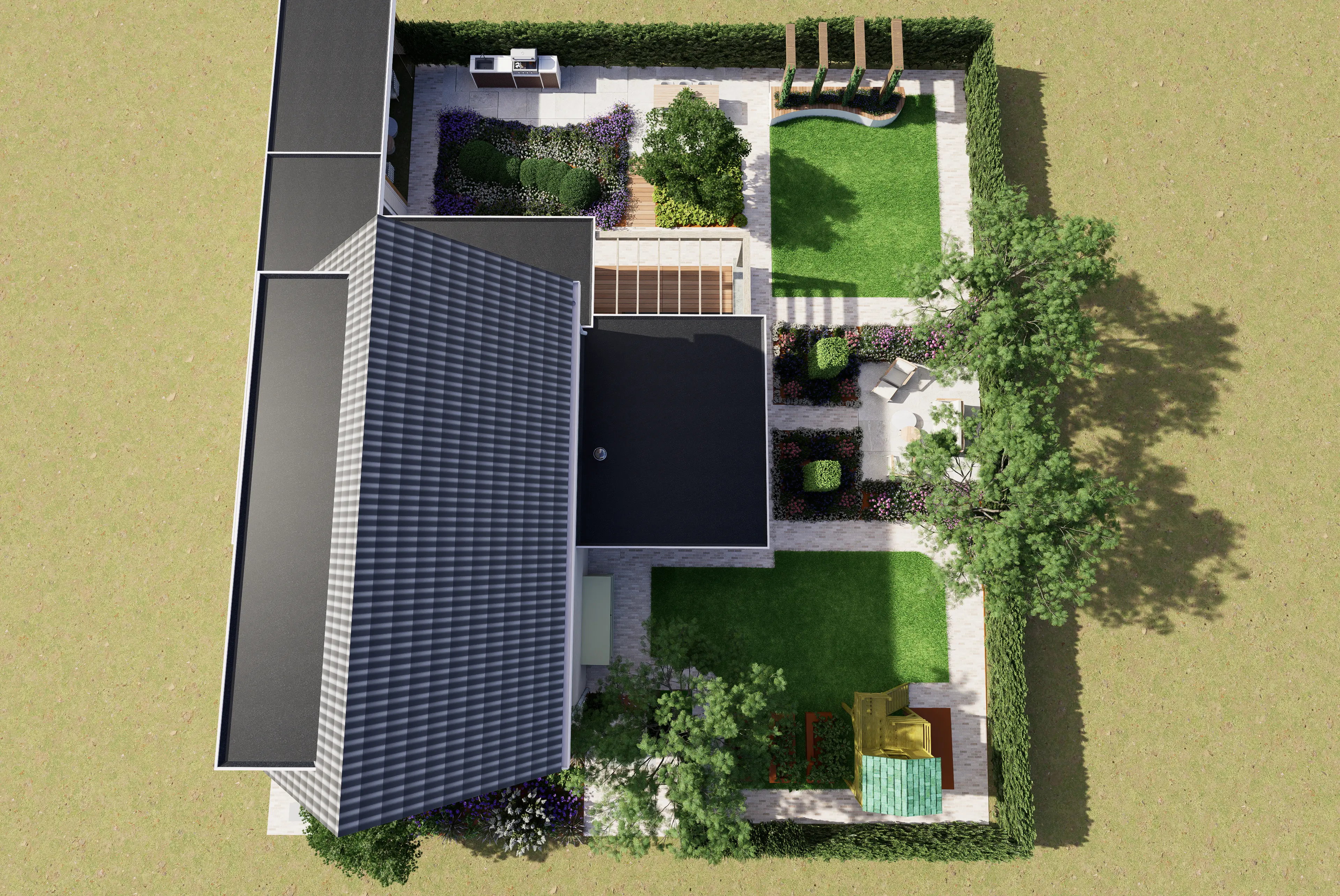 Top-down view of a house with a gray tiled roof, surrounded by landscaped garden areas including green lawns, hedges, trees, flower beds, a small patio with chairs and a table, a wooden deck, an outdoor kitchen or grill area, and a small wooden playhouse with a green roof, all enclosed by a tall hedge.