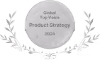Gray circular emblem with laurel wreath and text: Global Top Voice Product Strategy 2024.