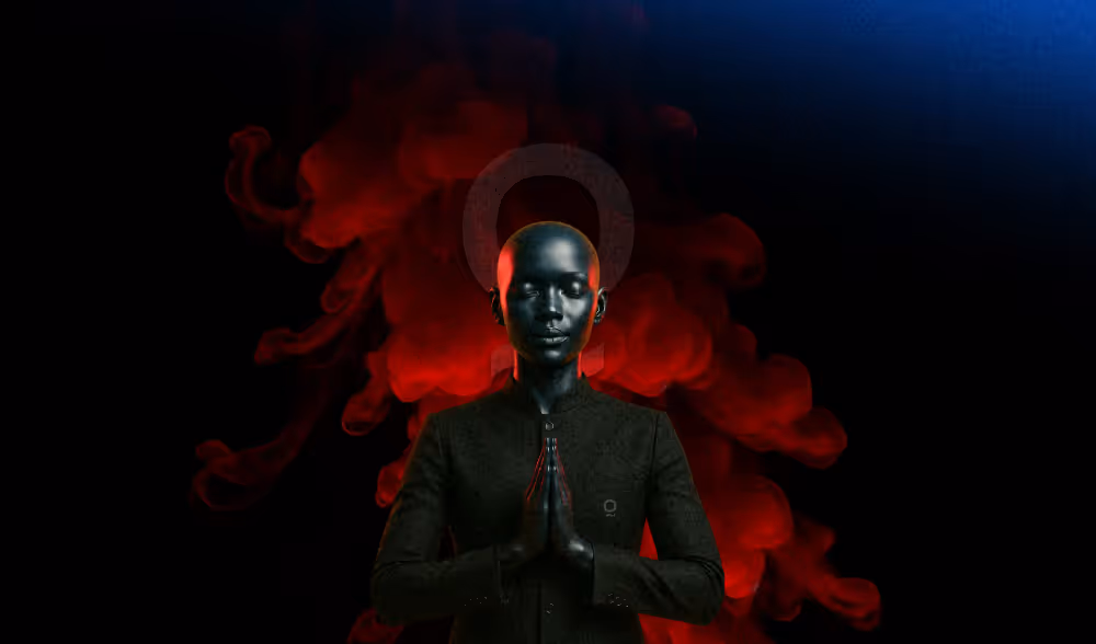 Black mannequin in a dark suit with hands pressed together in prayer pose, illuminated by red smoke and a faint circular halo against a black background.