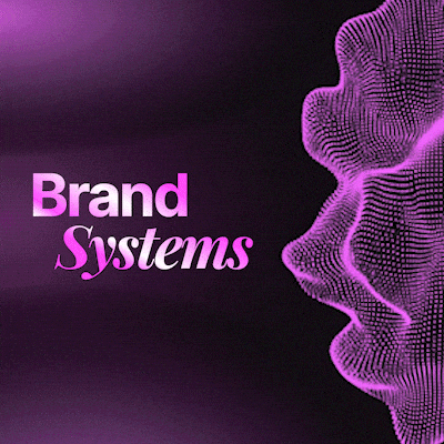 Animated purple digital wave pattern on the right with the text 'Brand Systems' in white and pink gradient on a black background.