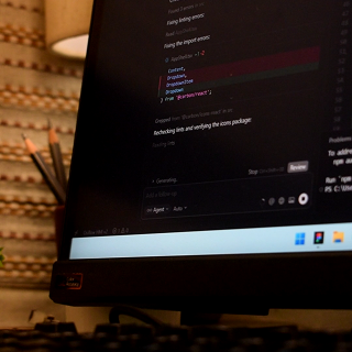 Close-up of a computer monitor displaying code and a task progress bar in a dimly lit workspace.
