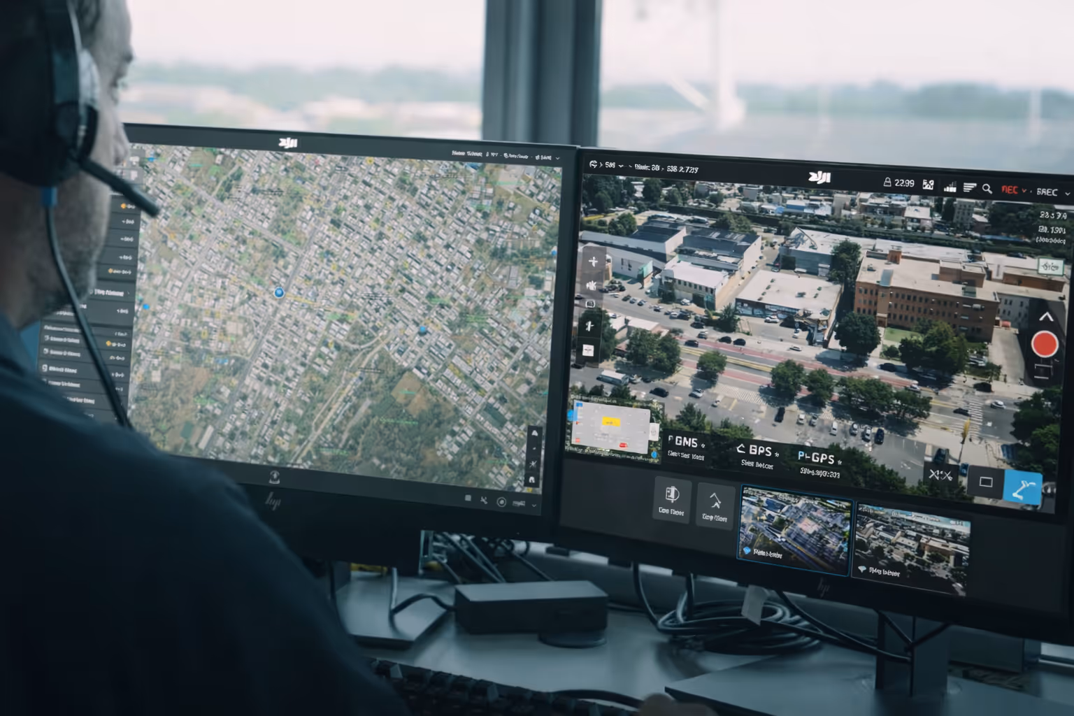 Man wearing headset monitoring two computer screens with satellite and aerial maps for drone navigation.
