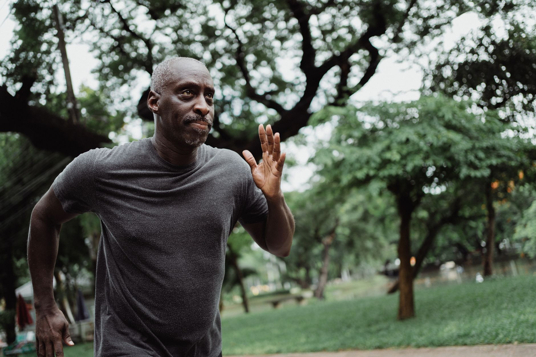 Senior man running through a lush green park, focused on fitness and wellbeing outdoors — Longevity & Healthspan