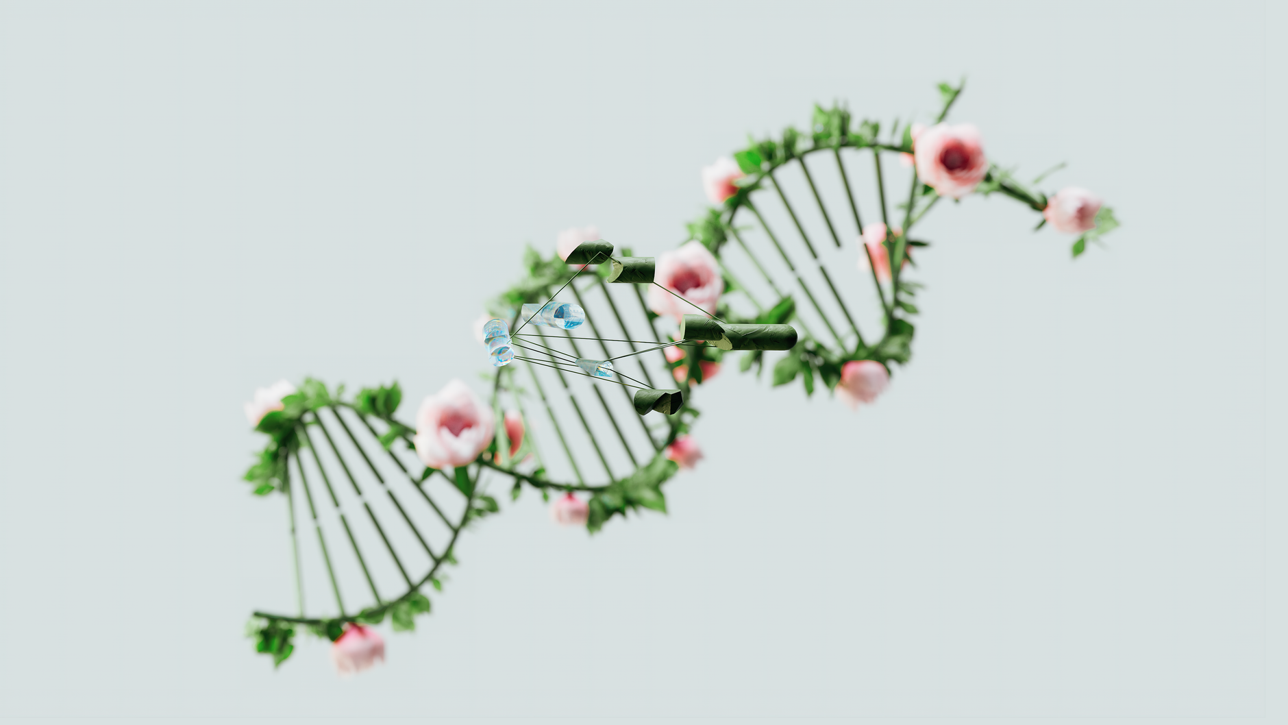 A conceptual representation of a DNA helix adorned with pink flowers and green leaves — Precision Medicine & Genomics