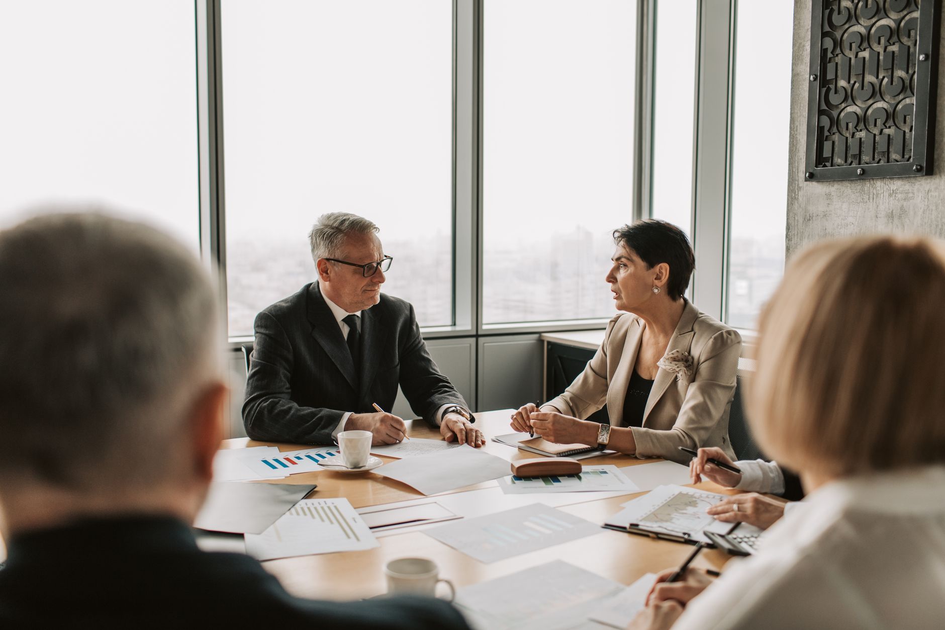Business professionals engaged in a strategic meeting in a modern office setting with natural light — Healthcare Infrastructure