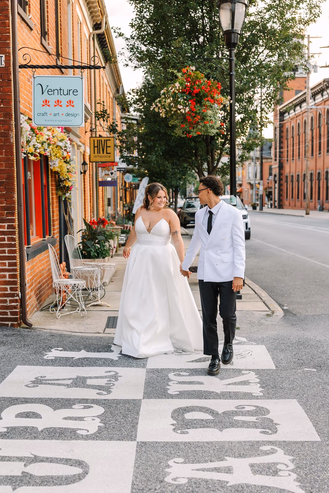 Bride and groom portrait in Downtown York PA near wedding venue.