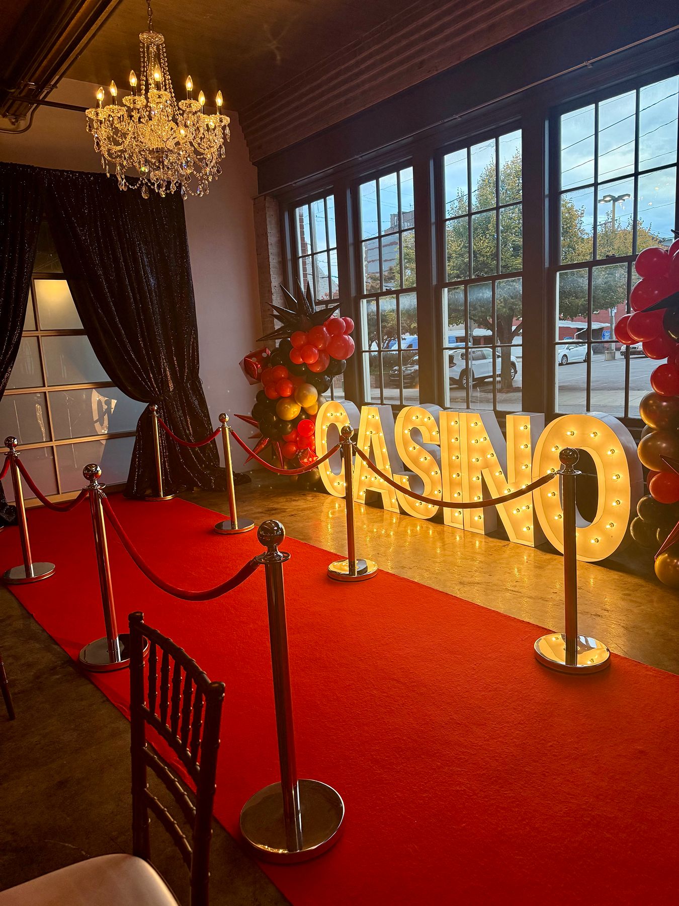 Casino-themed corporate event setup inside The Bond venue in Downtown York, PA