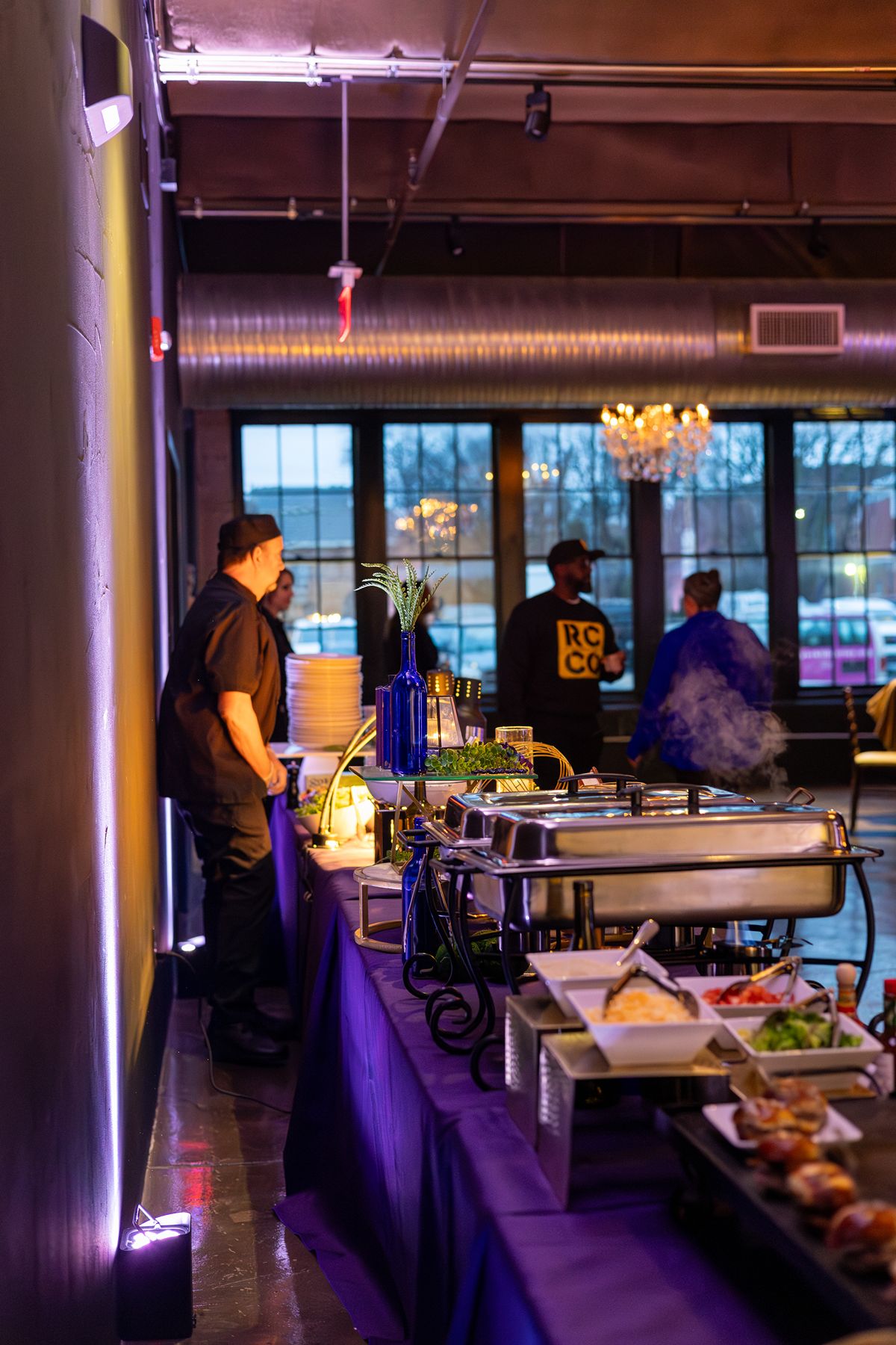 Buffet dining setup inside The Bond, a downtown York, PA event venue featuring flexible event spaces, exclusive catering, and elevated guest experiences for weddings, corporate events, and celebrations.