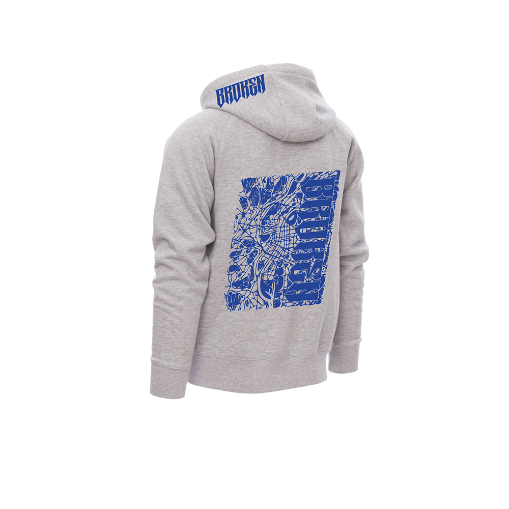 Sweat à capuche gris clair avec un grand motif bleu abstrait et le mot « BROKEN » imprimé au dos et sur la capuche.