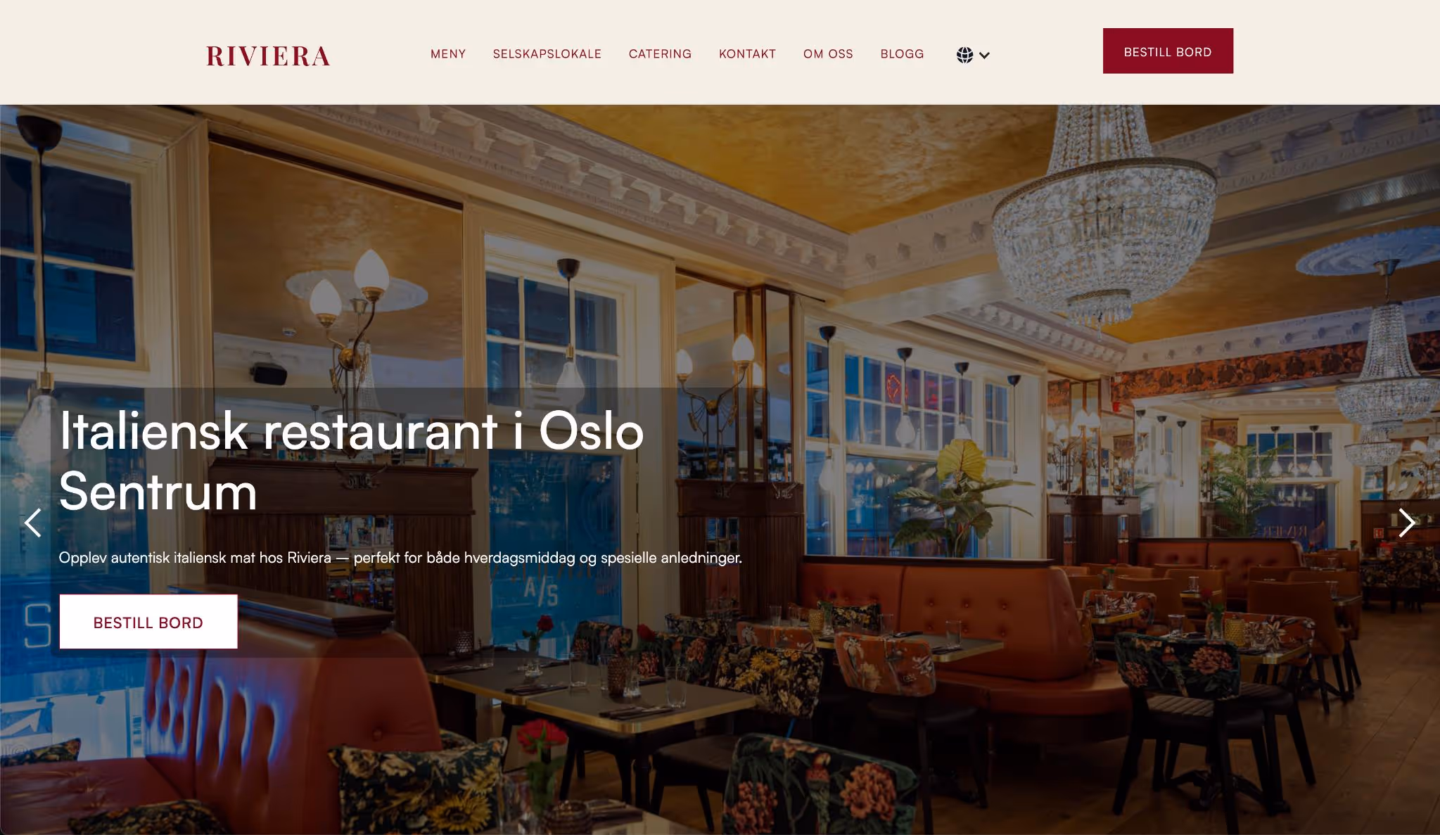 Nettside bygget av Eleviad for Riviera – italiensk restaurant i Oslo sentrum med autentisk mat, selskapslokale og catering