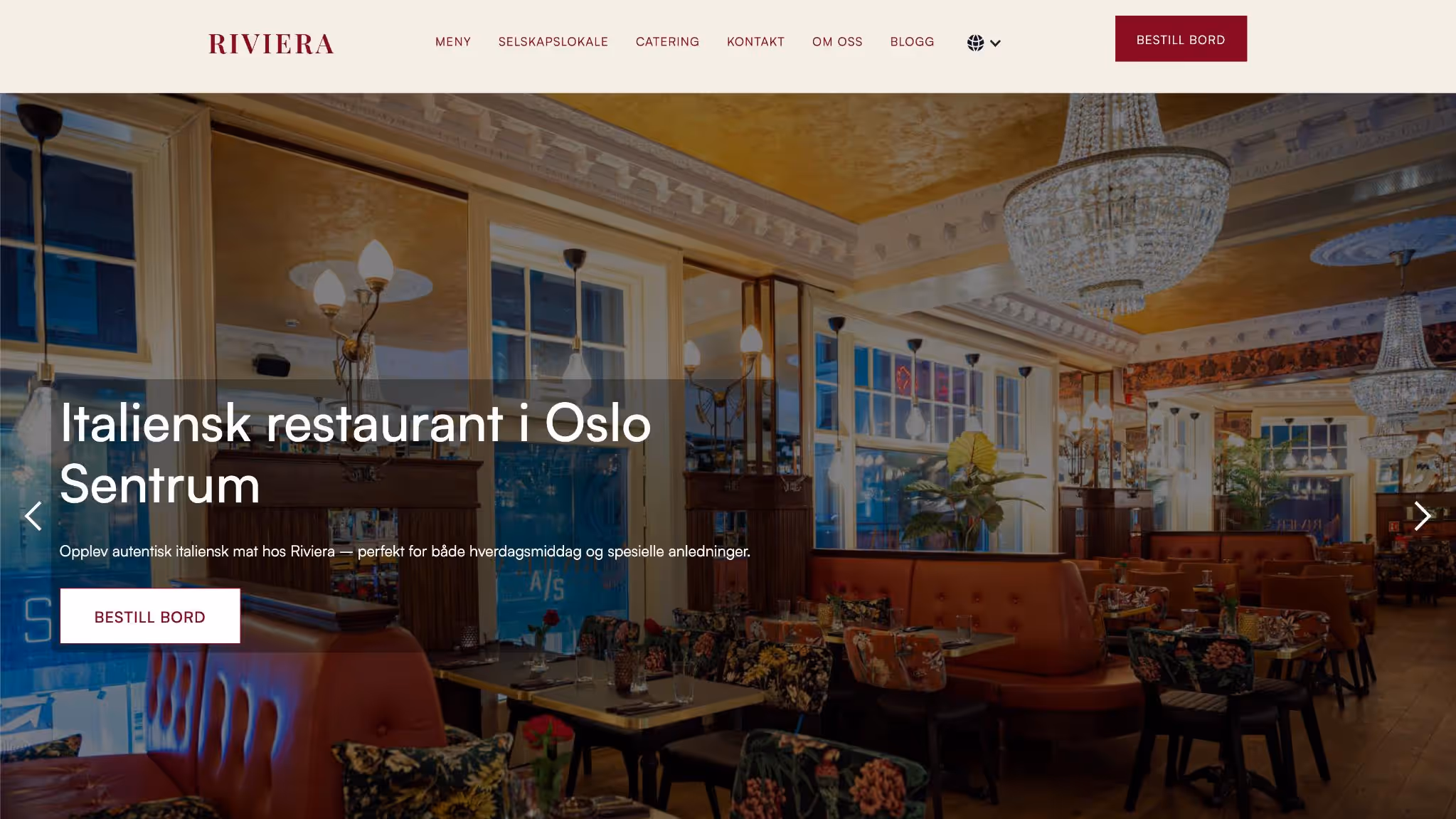 Nettside bygget av Eleviad for Riviera – italiensk restaurant i Oslo sentrum med autentisk mat, selskapslokale og catering