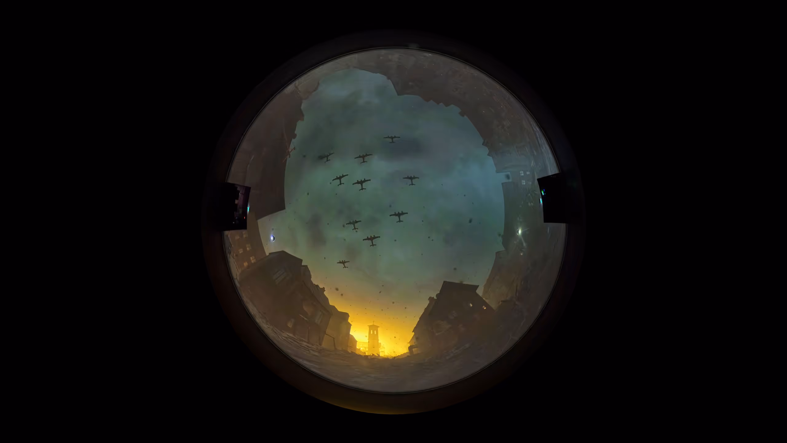 Dome projection displaying sky view with aircraft formation flying through clouds and landscape