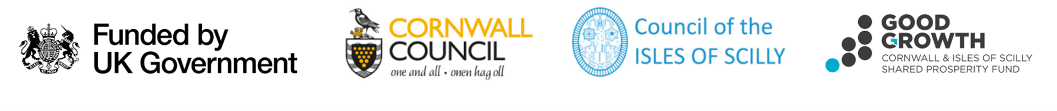 Logos of UK Government, Cornwall Council, Council of the Isles of Scilly, and Good Growth Cornwall & Isles of Scilly Shared Prosperity Fund.