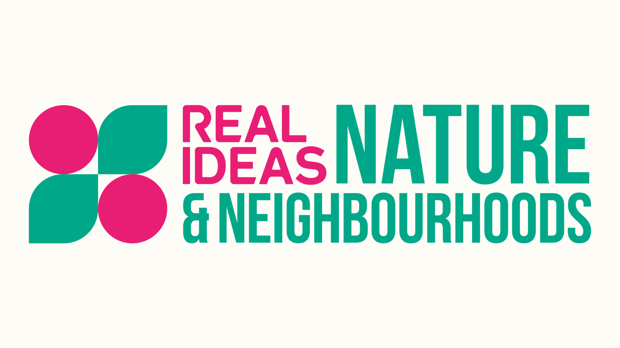 Logo with pink and green shapes beside the text: Real Ideas Nature & Neighbourhoods.