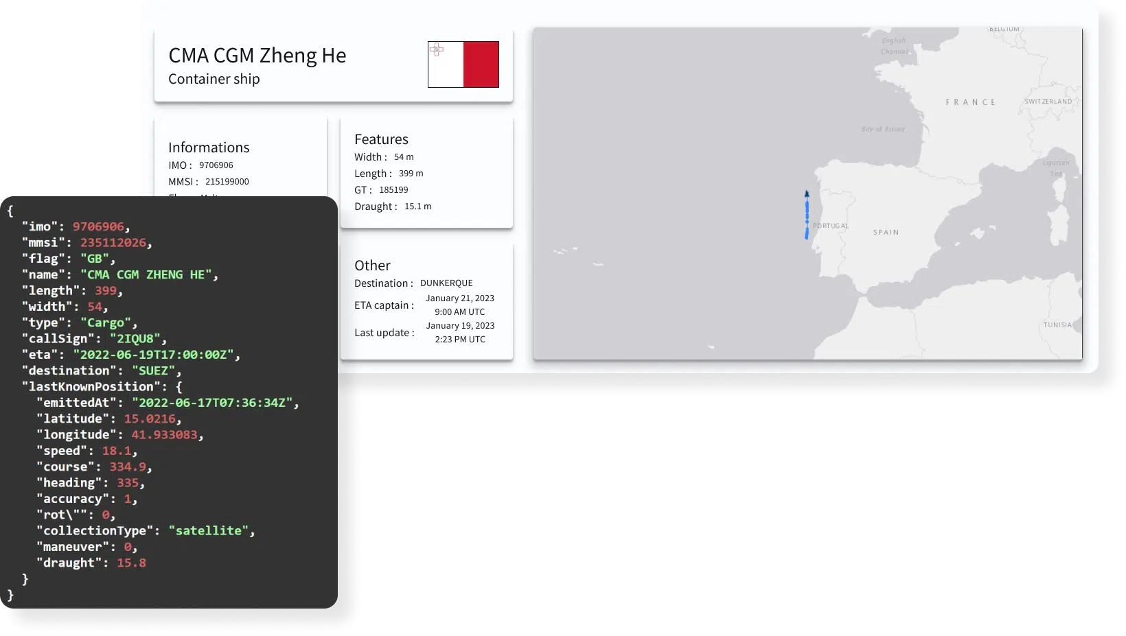 Information panel for container ship CMA CGM Zheng He with Malta flag, ship features, destination Dunkerque, and map showing location near Portugal coast.