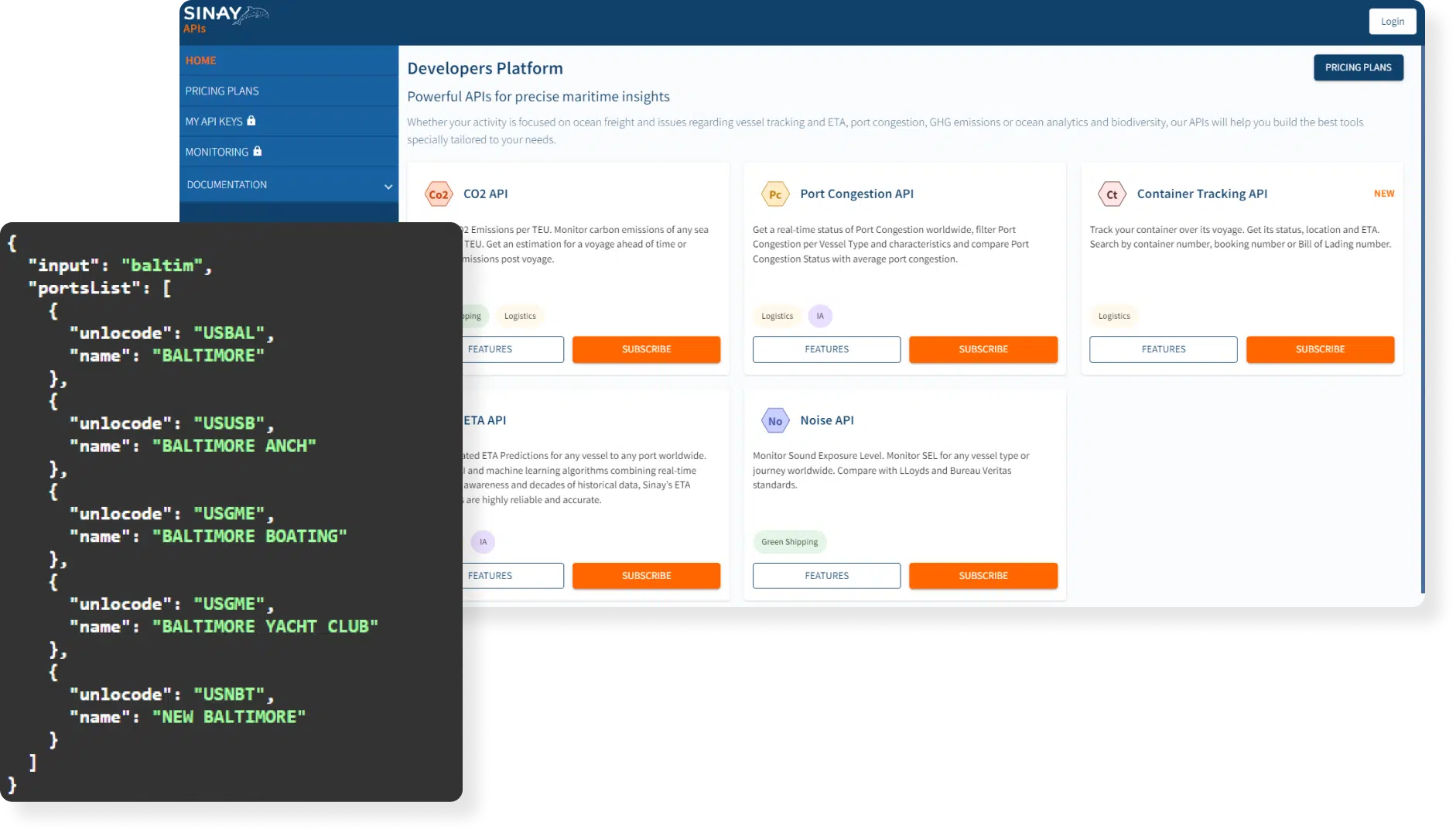 Screenshot of SINAY APIs Developers Platform webpage showing API options for maritime insights including CO2 API, Port Congestion API, Container Tracking API, ETA API, and Noise API, alongside a popup displaying a JSON input example listing Baltimore port codes and names.