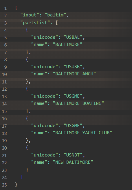 Code snippet showing a JSON object with input 'baltim' and a list of port objects each with unlocode and name fields for Baltimore-related ports.