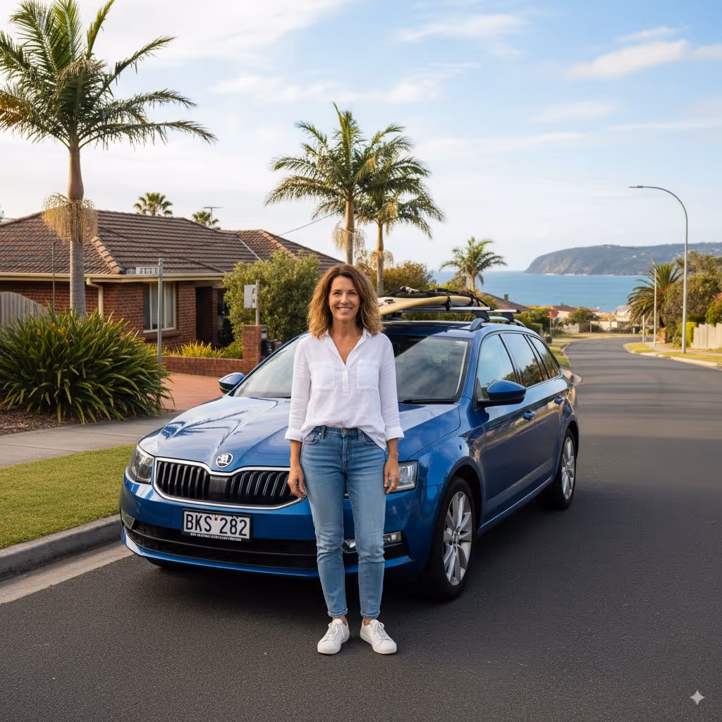 a happy woman standing in front of her skoda car in thirroul illawarra after a service with grease & oil servicing and mechanical repairs wollongong