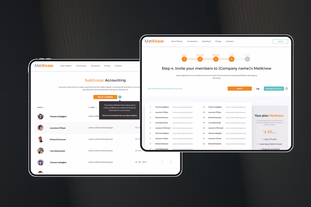 Zwei Tablet-Bildschirme zeigen die Benutzeroberfläche von MetKnow mit Mitgliederlisten und einem Einladungsprozess für Teammitglieder.