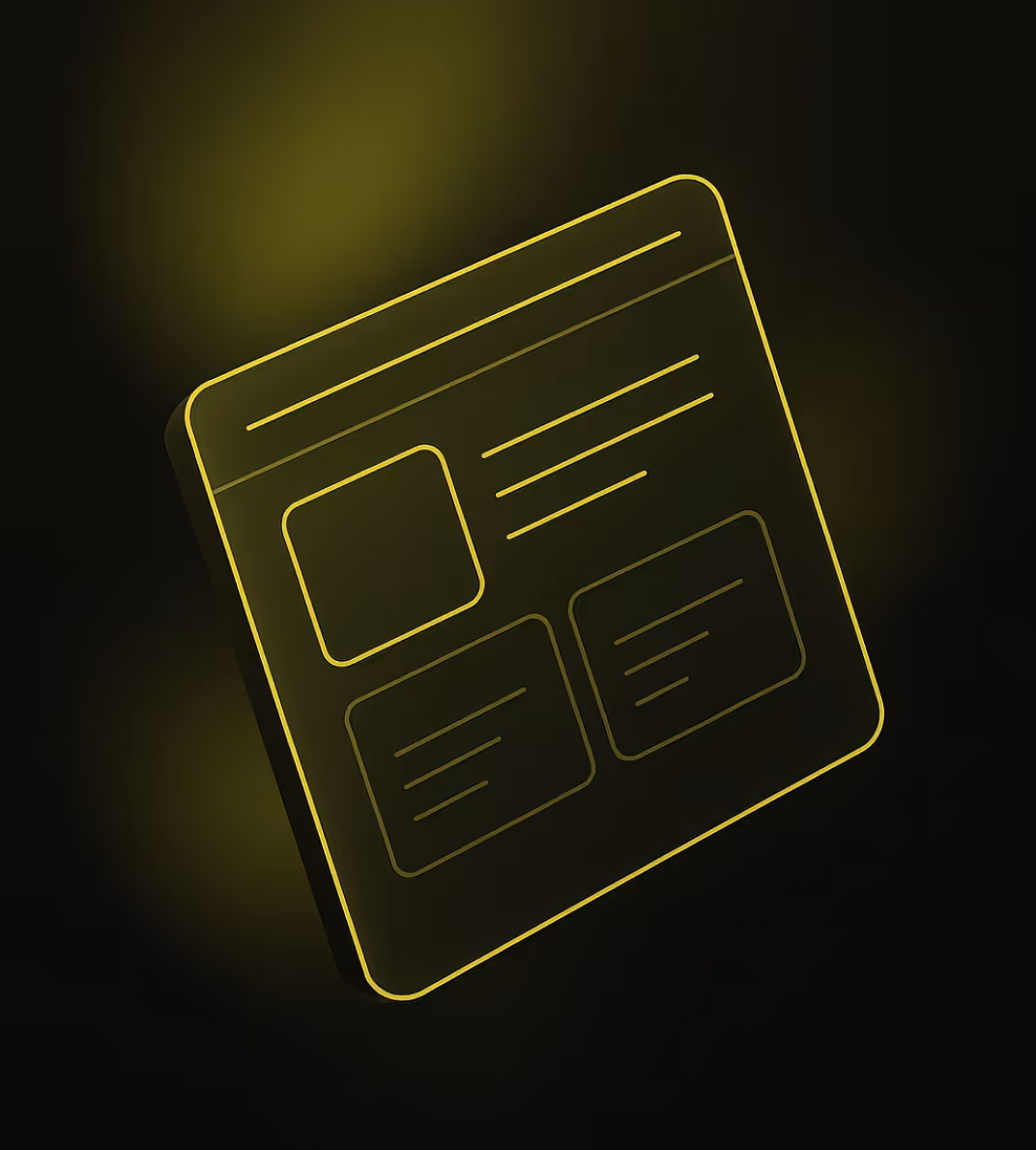 Gelb leuchtende schematische Darstellung einer Webseite mit Text- und Bildfeldern auf dunklem Hintergrund.