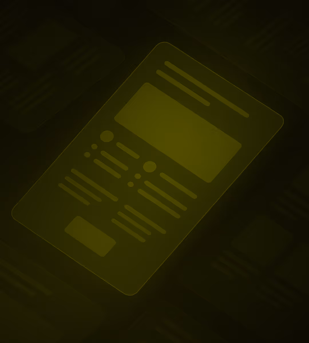 Abstrakte Benutzeroberfläche mit verschiedenen grafischen Elementen und Textblöcken auf dunklem Hintergrund.