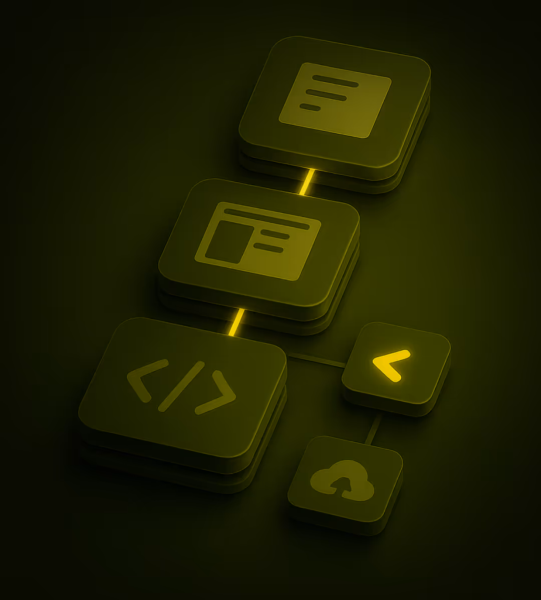 Illustration von miteinander verbundenen Symbolen für Texte, Webseiten, Programmiercode, Rückwärtspfeil und Cloud-Upload in gelbem Neonlicht.