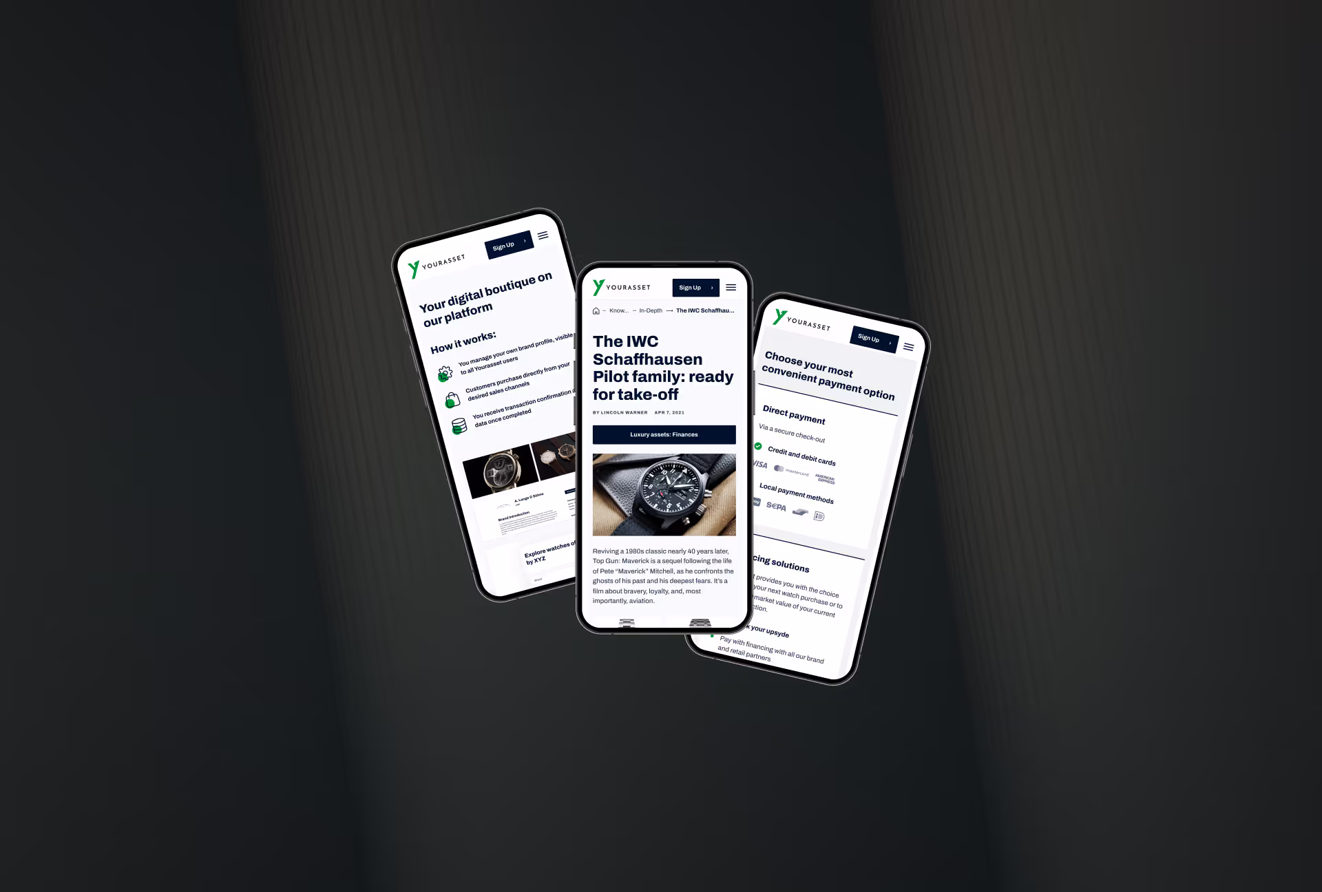 Three smartphones show websites on the YourAsset platform with product information and payment options.