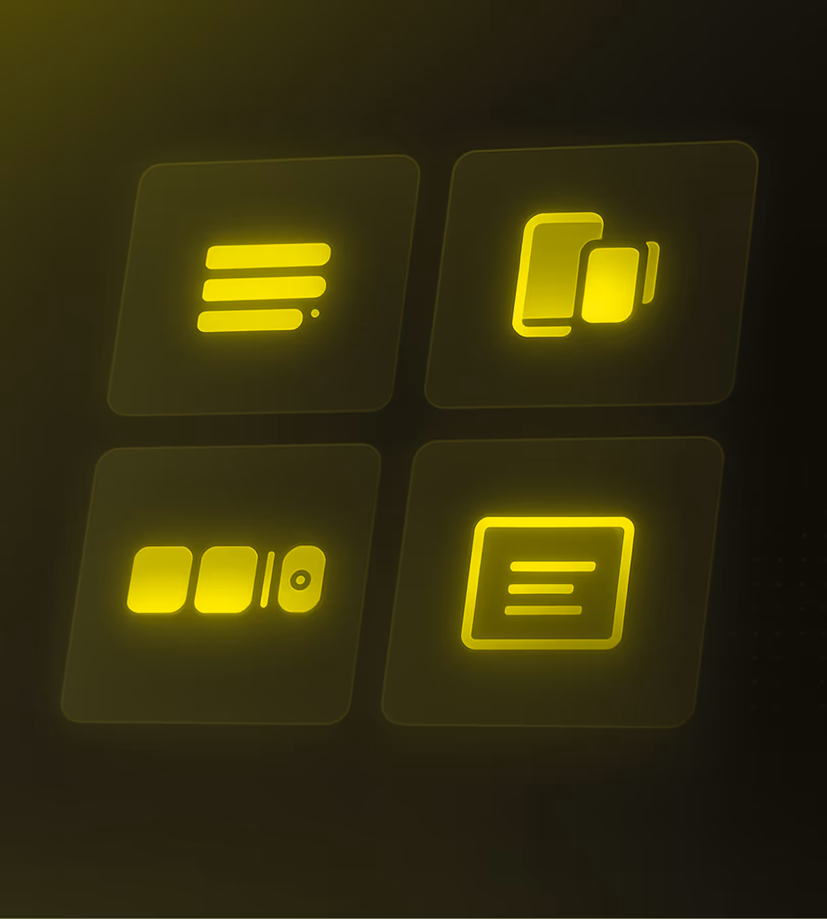 Four yellow, glowing app icon buttons in a square grid on a dark background.