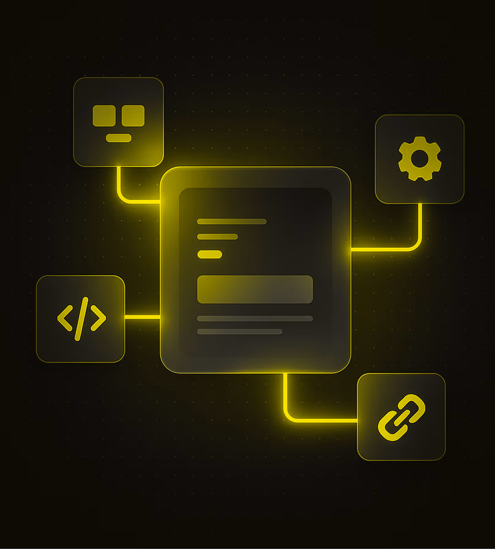 Glowing yellow diagram with a central document icon connected with icons for chatbot, code, cog and link.