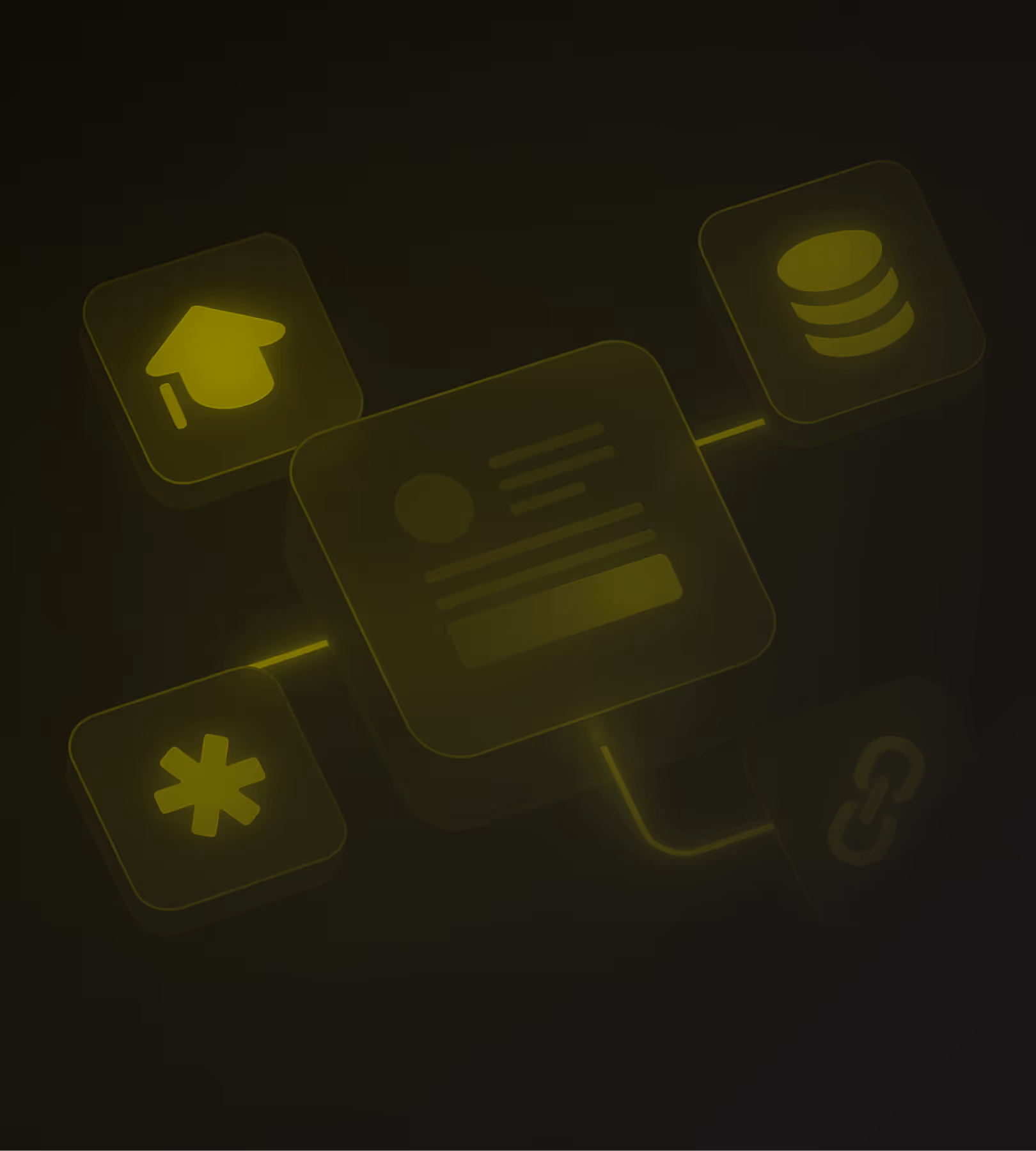 Graphic with four connected icons: house, database, asterisk, and link.