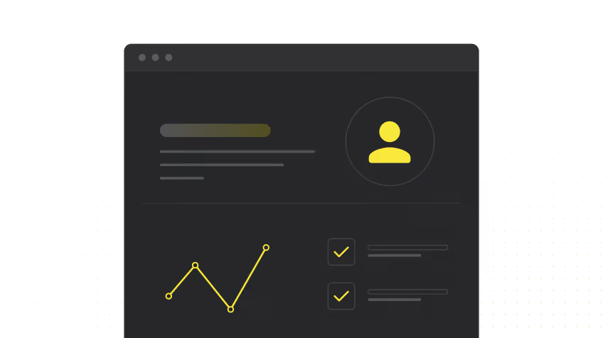 Dunkles Dashboard mit Benutzerprofil-Symbol, Linien-Diagramm und zwei angekreuzten Kontrollkästchen neben Textzeilen.