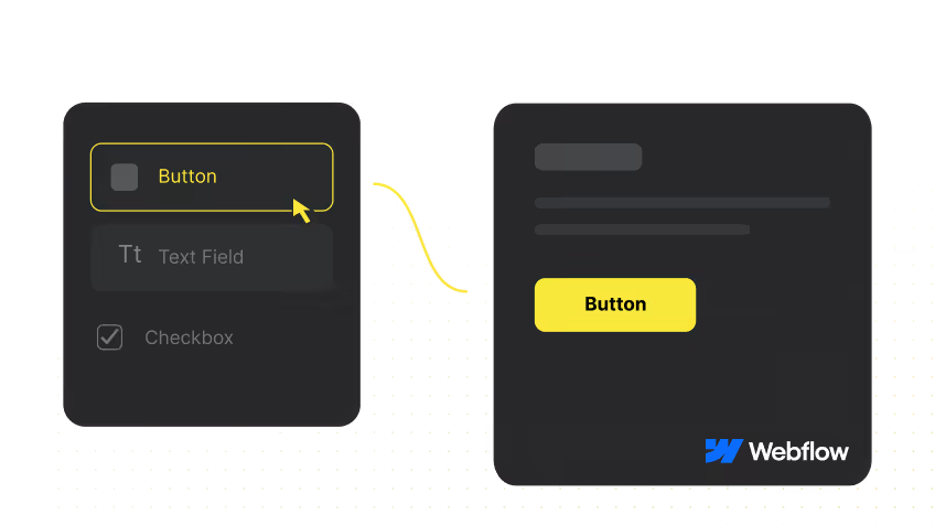 Zwei dunkle Benutzeroberflächenkästen, einer mit Auswahlmöglichkeiten Button, Textfeld und Checkbox, der andere zeigt einen gelben Button mit der Aufschrift Button und das Webflow-Logo.