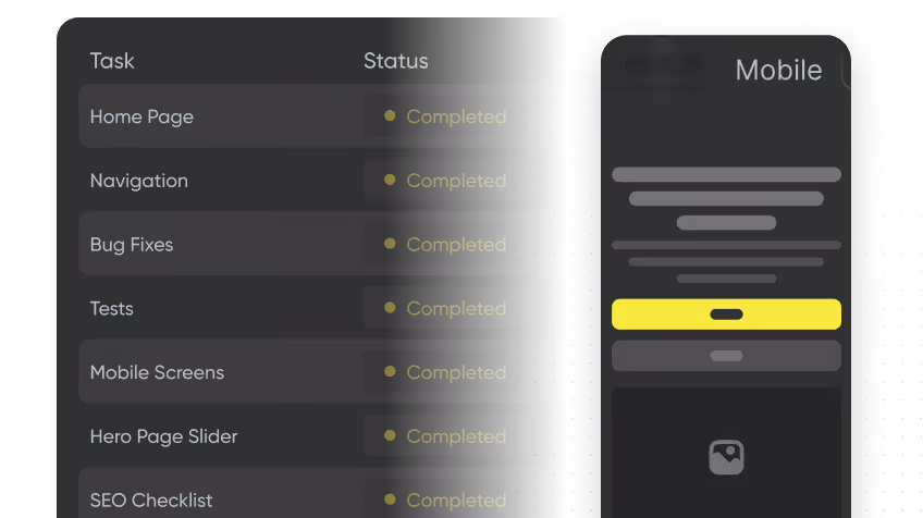 Liste von Aufgaben mit Status ‚Abgeschlossen‘ wie Startseite, Navigation, Fehlerbehebungen, Tests, mobile Bildschirme, Helden-Seitenschieberegler und SEO-Checkliste sowie eine mobile Ansicht rechts.