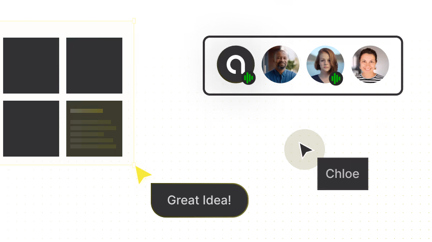 Grafische Darstellung eines Online-Workshops mit vier Video-Panelen, Sprechersymbolen und einem Chat-Popup mit dem Text ‚Great Idea!‘, daneben ein Mauszeiger über dem Namen ‚Chloe‘.