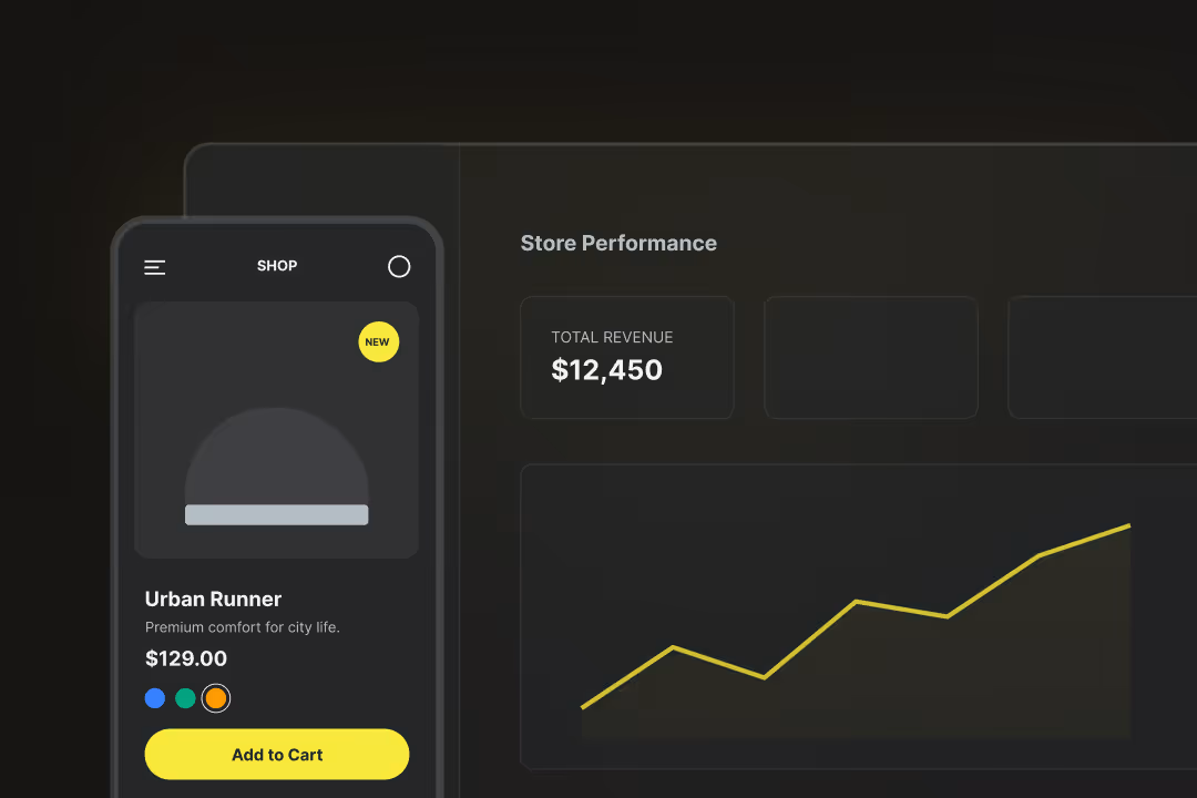 Mobile shop interface showing Urban Runner shoes priced at $129 with options to add to cart, next to a store performance graph displaying total revenue of $12,450.