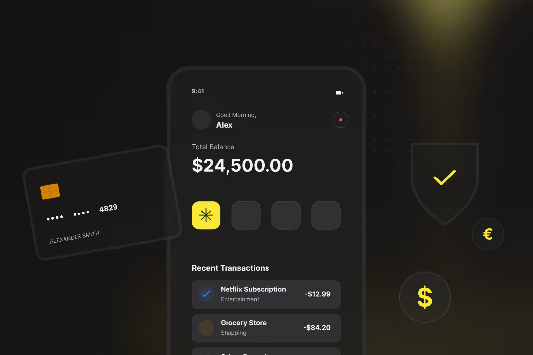 Mobile banking app screen shows total balance of $24,500, credit card and recent transactions such as Netflix and grocery store.