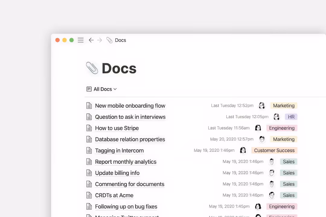 Screenshot einer Dokumentenliste in einer App mit Titeln wie ‚New mobile onboarding flow‘ und zugehörigen Kategorien wie Marketing, HR, Engineering und Sales.