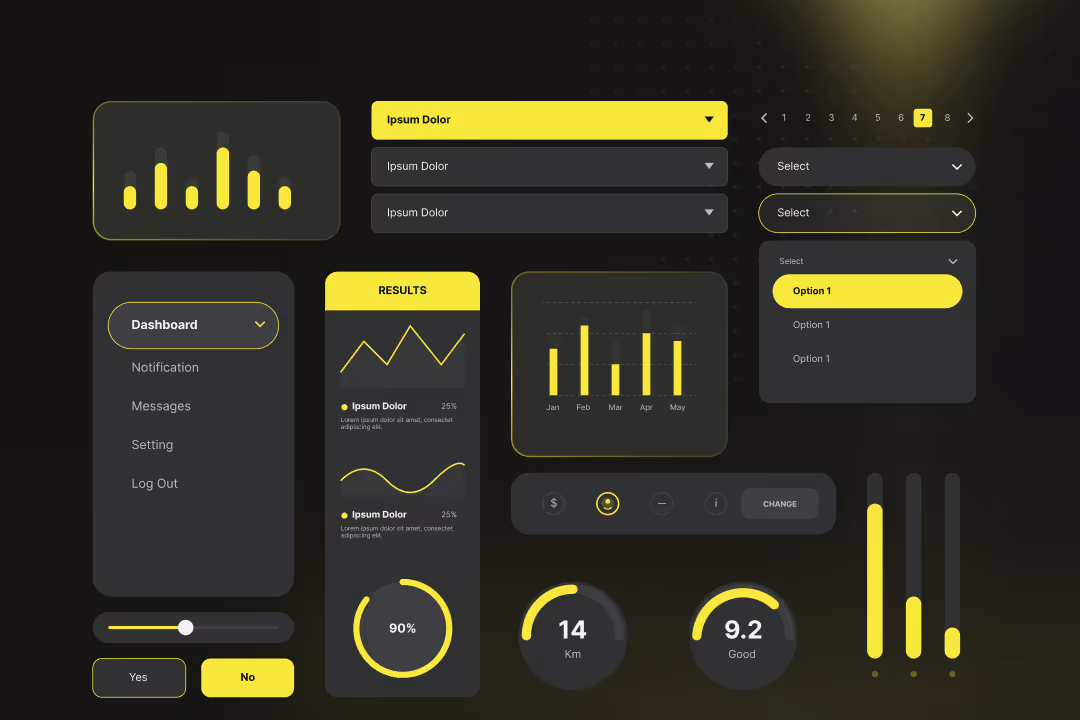 Figma Design-System mit Dashboard-Komponenten in Dunkel/Gelb