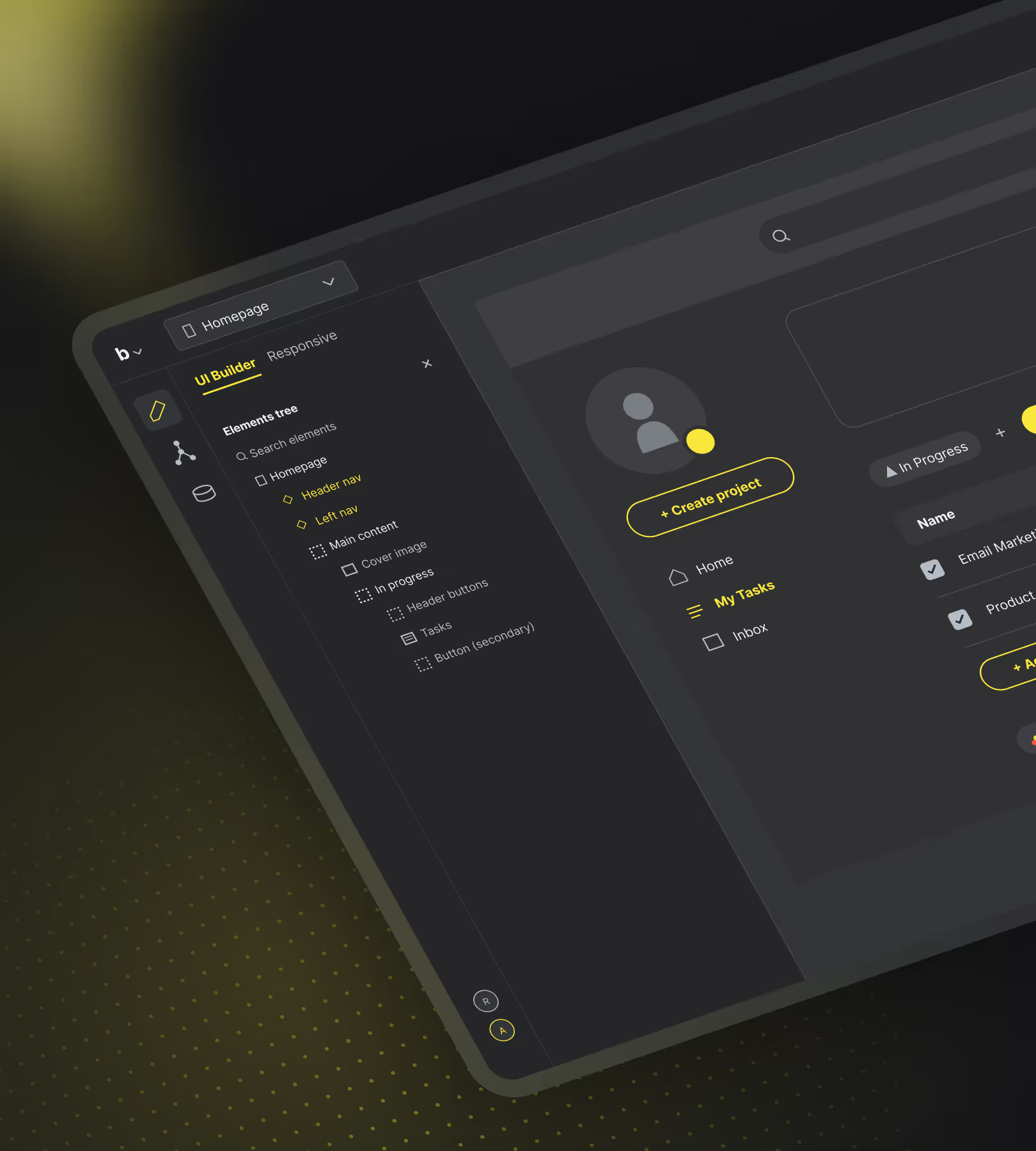 Benutzeroberfläche eines UI-Builders mit einem Elementbaum links und einem Projektverwaltungsbereich rechts in dunklem Design.