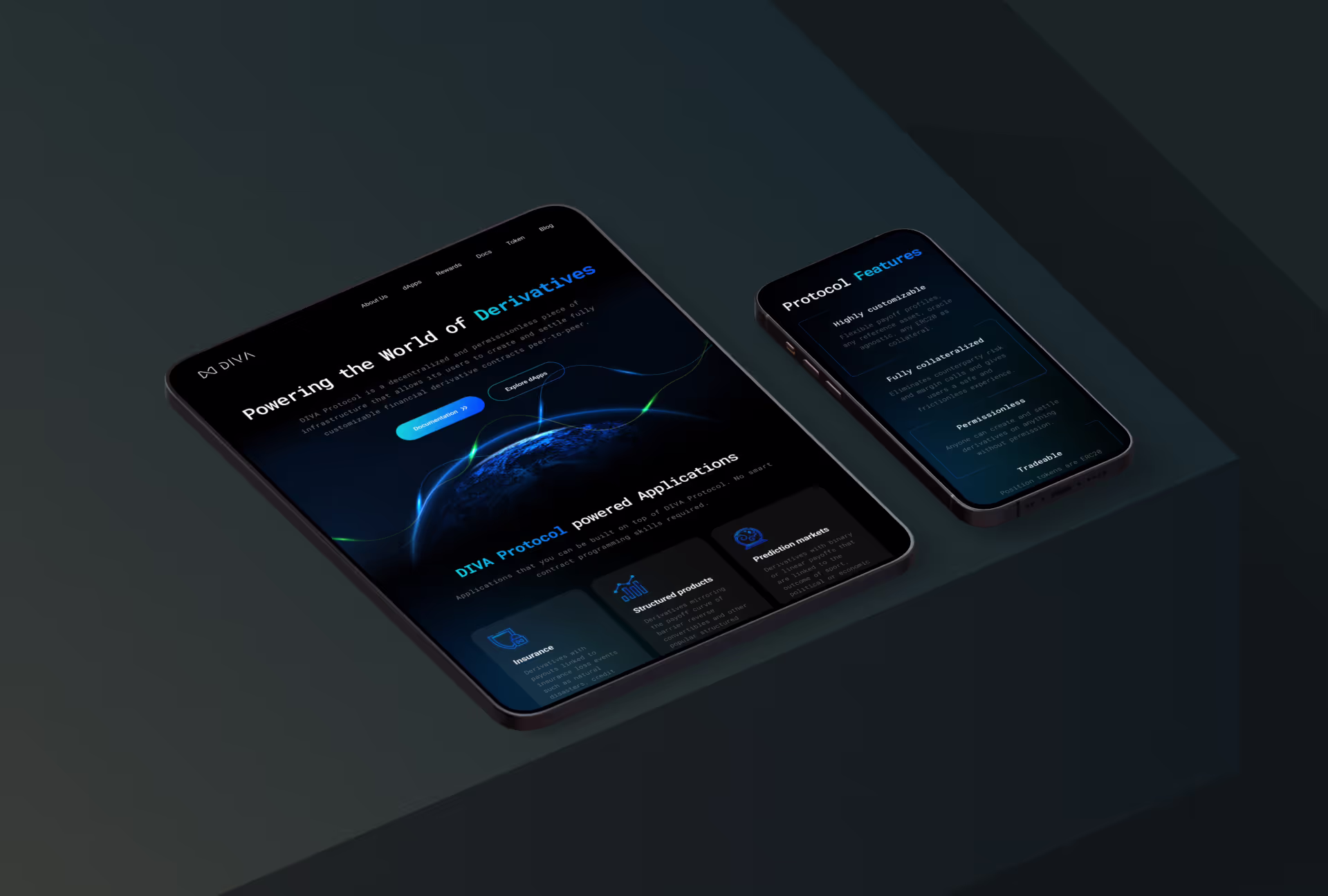 Tablet und Smartphone zeigen die Benutzeroberfläche des DIVA Protokolls zur dezentralen Finanzierung mit Funktionen und Anwendungen.