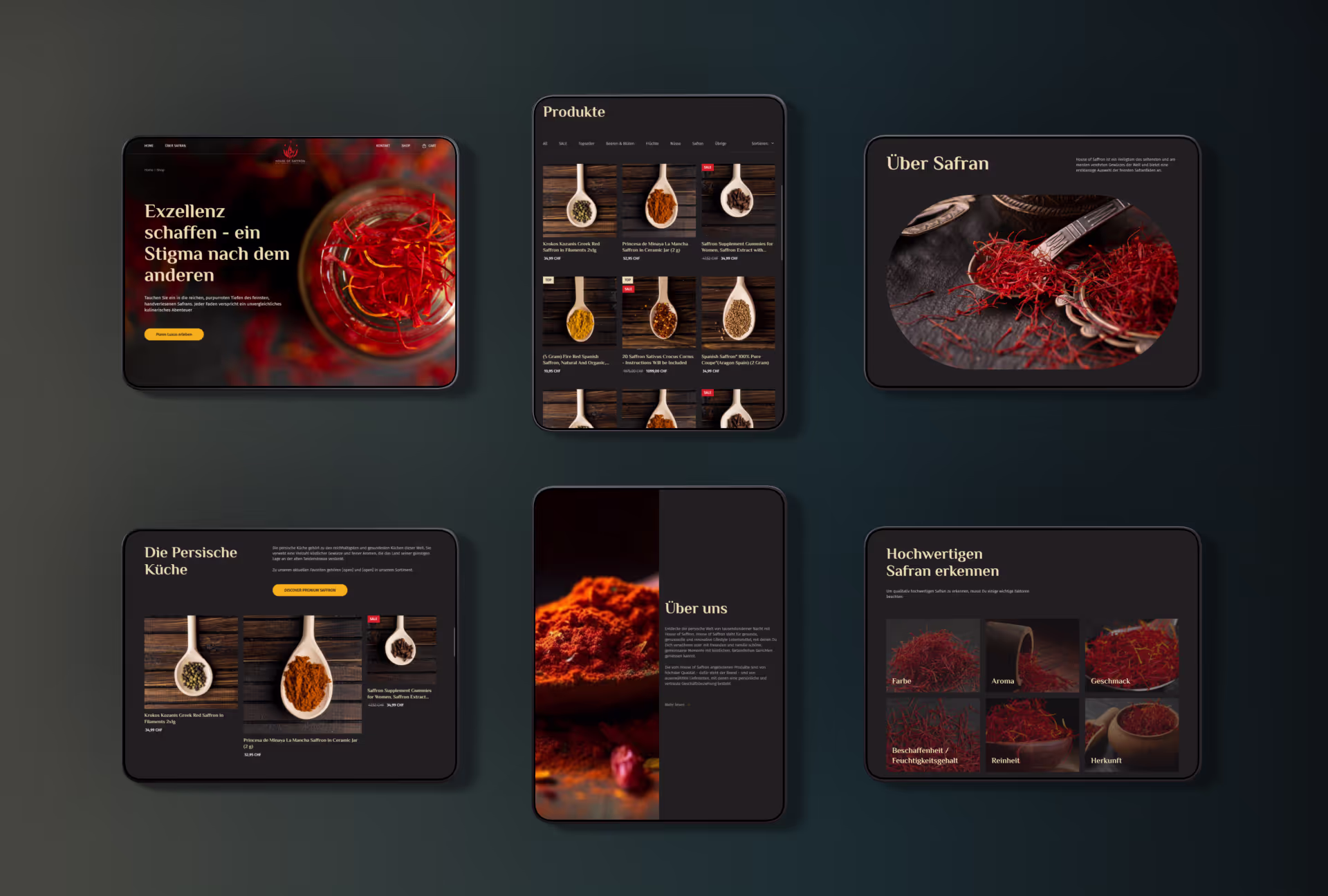 Webseiten-Darstellung von Safranprodukten inklusive Nahaufnahmen von Safranfäden, Produktkategorien, Informationen zur persischen Küche und Qualitätsmerkmalen von hochwertigem Safran.