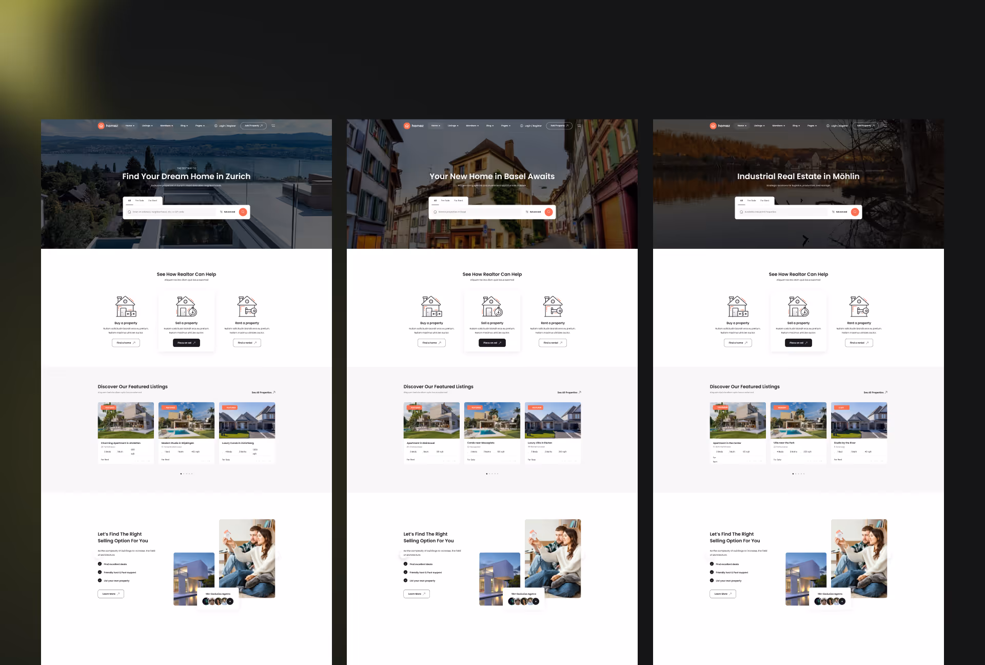 Drei Immobilien-Webseiten auf Deutsch, mit Suchfeldern und Angeboten für Häuser in Zürich, Basel und Möhlins.